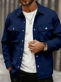 Men's navy blue casual shacket with dual flap pockets and classic button-up collar - S / Navy Blue