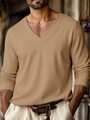 Close-up of men's long sleeve V-neck polo shirt with basketweave texture in khaki - Khaki Jacquard