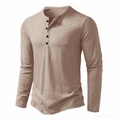 Herren Langarm Henley-Shirt aus Khaki-Flammenbaumwolle mit klassischer Drei-Knopf-Leiste - S / Khaki