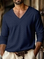 Detail van heren T-shirt met V-hals en lange mouwen in gestructureerde wave-stof - S / Navy Blue Herringbone Style