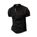 Detail van zwart katoenen Henley-shirt met bruine contraststiksels en een borstzak - S / Tops / Zwart