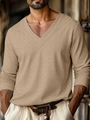 Detail showing herringbone texture of men's brown long sleeve polo shirt and V-neckline - S / Khaki Herringbone Style
