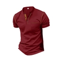 Détail du t-shirt Henley bordeaux avec coutures contrastées et poche sur la poitrine - Bordeaux