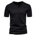 Λεπτομέρεια μαύρου Henley t-shirt με κλασική πατιλέτα με κουμπιά και ριμπ μανσέτες - M / Tops / Μαύρο