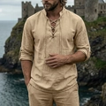 Detail view of men's beige linen-blend Henley shirt with retro lace-up collar design - Light Khaki