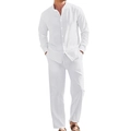 Herren Freizeitset aus weißem Leinen mit langärmeligem Hemd und langer Hose - S / Oberteil Und Unterteil / Weiß