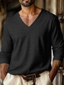 Detail van herenshirt met V-hals en een premium zwart gebreide visgraattextuur van stof - S / Zwarte Visgraat Stijl