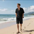 Schwarzes Herren-Set aus Leinen mit Kurzarmhemd und Shorts für Sommerurlaub am Strand - S / Oberteil Und Unterteil / Schwarz