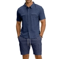 Detail of navy linen short sleeve shirt with chest pockets and matching cargo shorts - S / Top And Bottom / Navy Blue