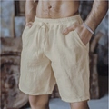 Detail of light beige men's cotton linen shorts with elastic drawstring waistband - S / Off White