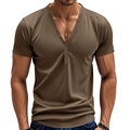 Detail view of V-neck button design and textured fabric on dark brown Henley t-shirt - Khaki