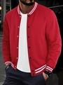Men's bright red varsity jacket with white striped trim and black snap buttons - S / Red