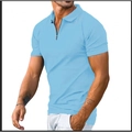 Men's slim fit light blue polo shirt with quarter zip neckline and short sleeves - Sky Blue