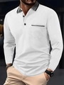 Detail of white long sleeve Polo shirt with gray contrast collar and chest pocket - S / White