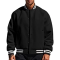 Detail of ribbed collar and snap button closure on a black varsity jacket for men - S / Black