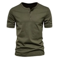 Men's army green slim fit Henley shirt with three-button placket and ribbed cuffs - S / Army Green