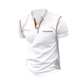 Slim fit wit heren Henley-shirt met korte mouwen en bruine contraststiksels en zak - S / Tops / Wit