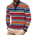 Makrodetail des bunt gestreiften Henley-Shirts mit Dreiknopfkragen und gerippten Bündchen - S / Navy Orange Rot