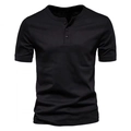 Men's slim fit black short sleeve Henley shirt with three-button neckline and ribbed cuffs - S / Black