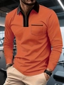 Detail of men's orange slim fit long sleeve polo shirt with black contrast zip collar - S / Orange Red
