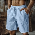 Men's casual linen blend beach shorts in light blue with adjustable drawstring waist - S / Light Blue