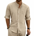 Macro detail of khaki linen shirt featuring mandarin collar and functional chest pocket - S / Tops / Khaki