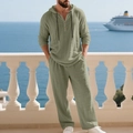 Outdoor shot of men's linen set featuring a drawstring hoodie and matching trousers - Army Green