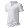 White linen cotton blend Henley shirt for men with short sleeves and three-button neckline - S / Tops / White