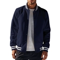Men's navy blue varsity jacket with classic white striped ribbing and button front closure - S / Navy Blue
