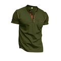 Heren Henley-shirt met korte mouwen in olijfgroen met contrastkraag en borstzak - S / Tops / Legergroen