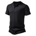 Men's black short sleeve Henley shirt with three-button placket and textured fabric - S / Tops / Black