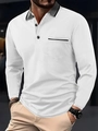 Men's long sleeve polo shirt in white with dark gray contrast collar and chest pocket - S / White