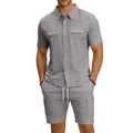 Detailed texture of grey linen fabric on men's summer shirt and multi-pocket cargo shorts - S / Top And Bottom / Medium Grey