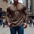 Close-up of slim fit men's Henley shirt featuring a V-neckline and buttoned placket - S / Dark Brown