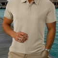 Detailed close-up of vertical texture on men's khaki short sleeve knit polo shirt - S / Apricot
