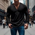 Detail of slim fit black Henley shirt featuring a V-neckline and metallic buttons - S / Black