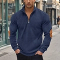 Detail of navy quarter-zip sweatshirt showing corduroy texture and brown elbow patches - S / Tops / Navy Blue