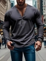 Slim fit men's long sleeve Henley t-shirt in dark gray with ribbed cuffs and V-neck - S / Dark Gray