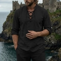 Detalle de camisa medieval de lino negro con cordones en el cuello y diseño de cuello levantado - S / Negro