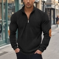Detail of men's black ribbed half-zip sweatshirt with brown elbow patches and stand collar - S / Tops / Black