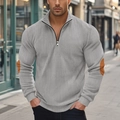Detail of grey corduroy sweatshirt showing 1/4 zip collar and tan elbow patches - S / Tops / Gray