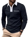 Slim Fit Herren Polohemd Langarm in Schwarz mit weißem Kontrastkragen und Brusttasche - S / Schwarz