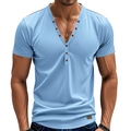 Men's light blue slim fit Henley shirt with V-neck button design and short sleeves - Light Blue