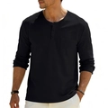 Men's black long sleeve Henley shirt with three-button placket and chest pocket - Black