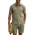 Herren Set aus Leinen in Olivgrün mit Kurzarmhemd und Cargo-Shorts für den Sommer - Armeegrün
