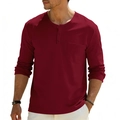 Men's burgundy long sleeve Henley shirt with buttoned collar and chest pocket detail - Burgundy