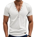 Men's slim fit white short sleeve Henley shirt with V-neck and decorative brown buttons - White