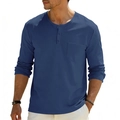 Men's retro navy blue Henley long sleeve t-shirt with three-button placket and chest pocket - Denim Blue