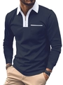 Men's long sleeve polo shirt in navy blue with white contrast collar and chest pocket - S / Black