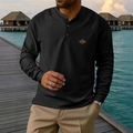 Men's black waffle knit henley shirt with long sleeves and leather label detail - S / Tops / Black